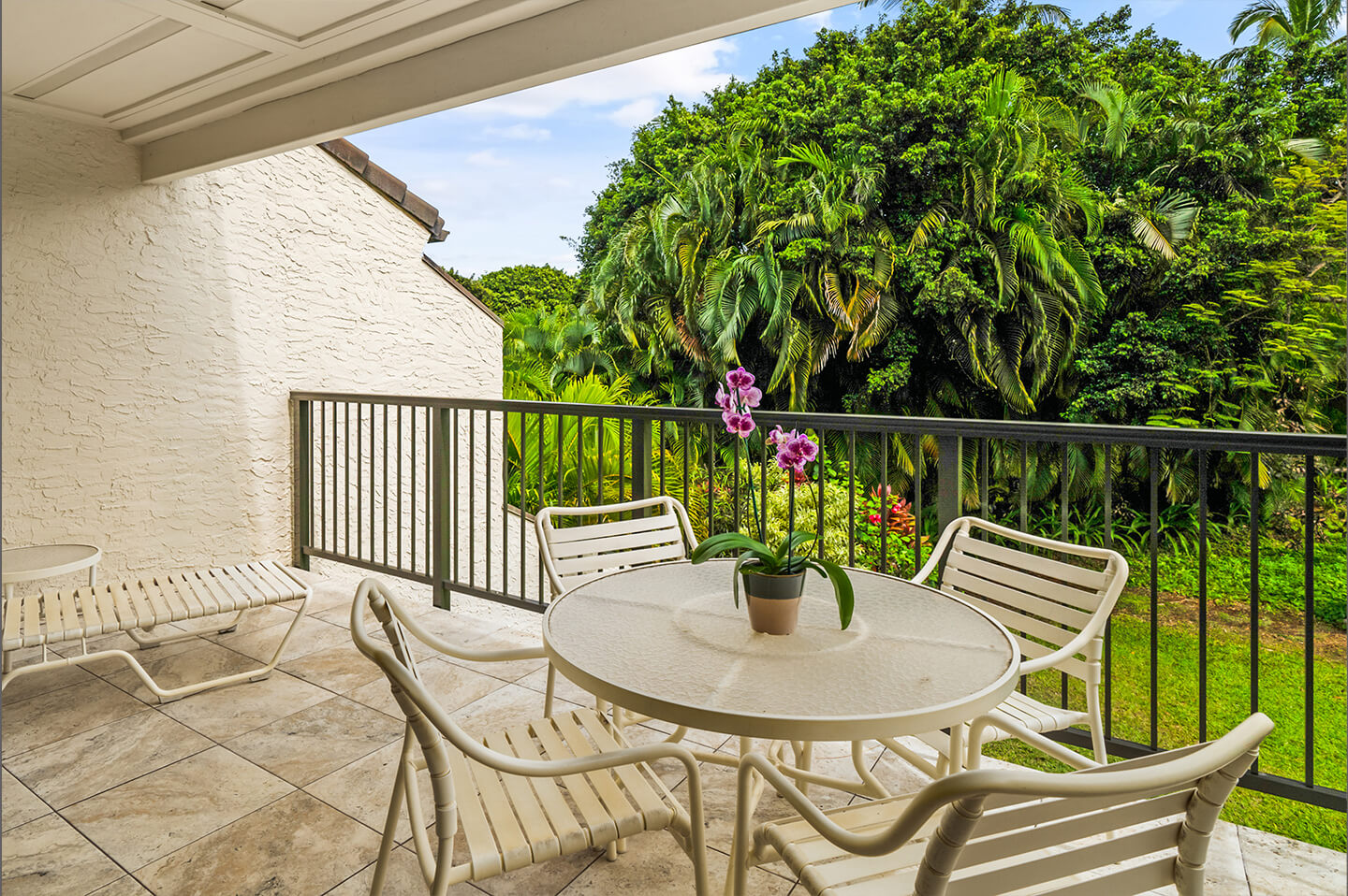 Patio with garden view, lounger, table, and chairs.